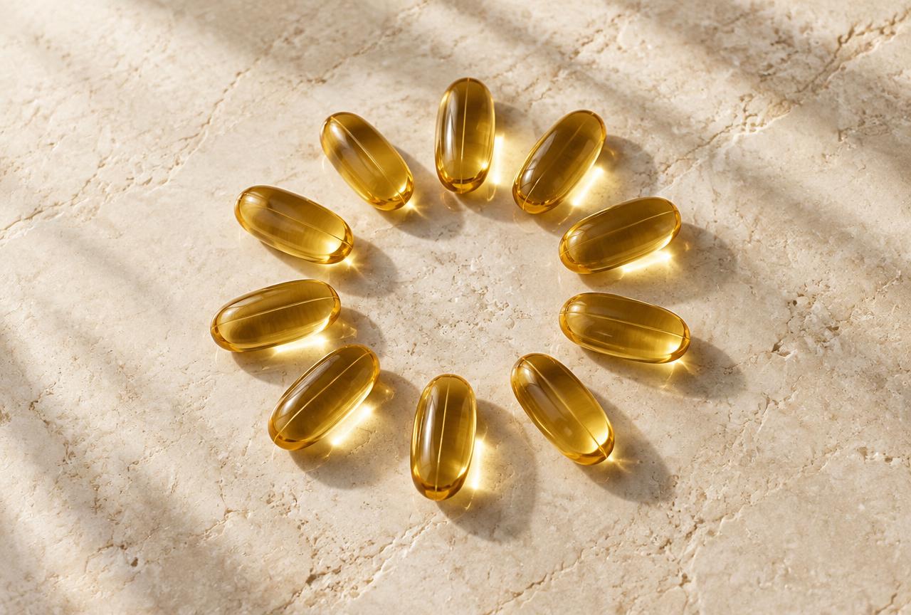 Capsule aurii Vitality Plus Ultra dispuse în cerc pe o suprafață crem